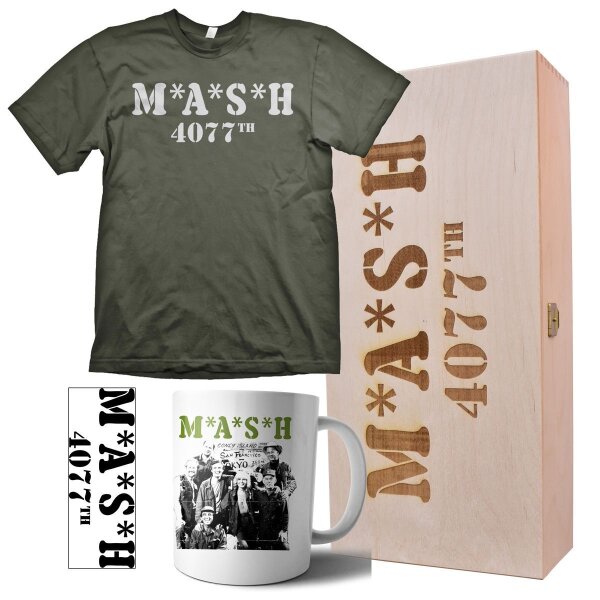 M.A.S.H Geschenkbox mit Tshirt Aufkleber Tasse Lazarett Militär Army 2XL